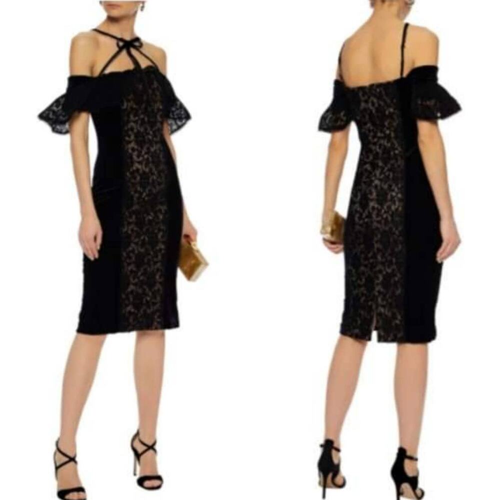 Marchesa Notte Velvet Off-the-Shoulder Midi Cocktail Dress with Lace 6